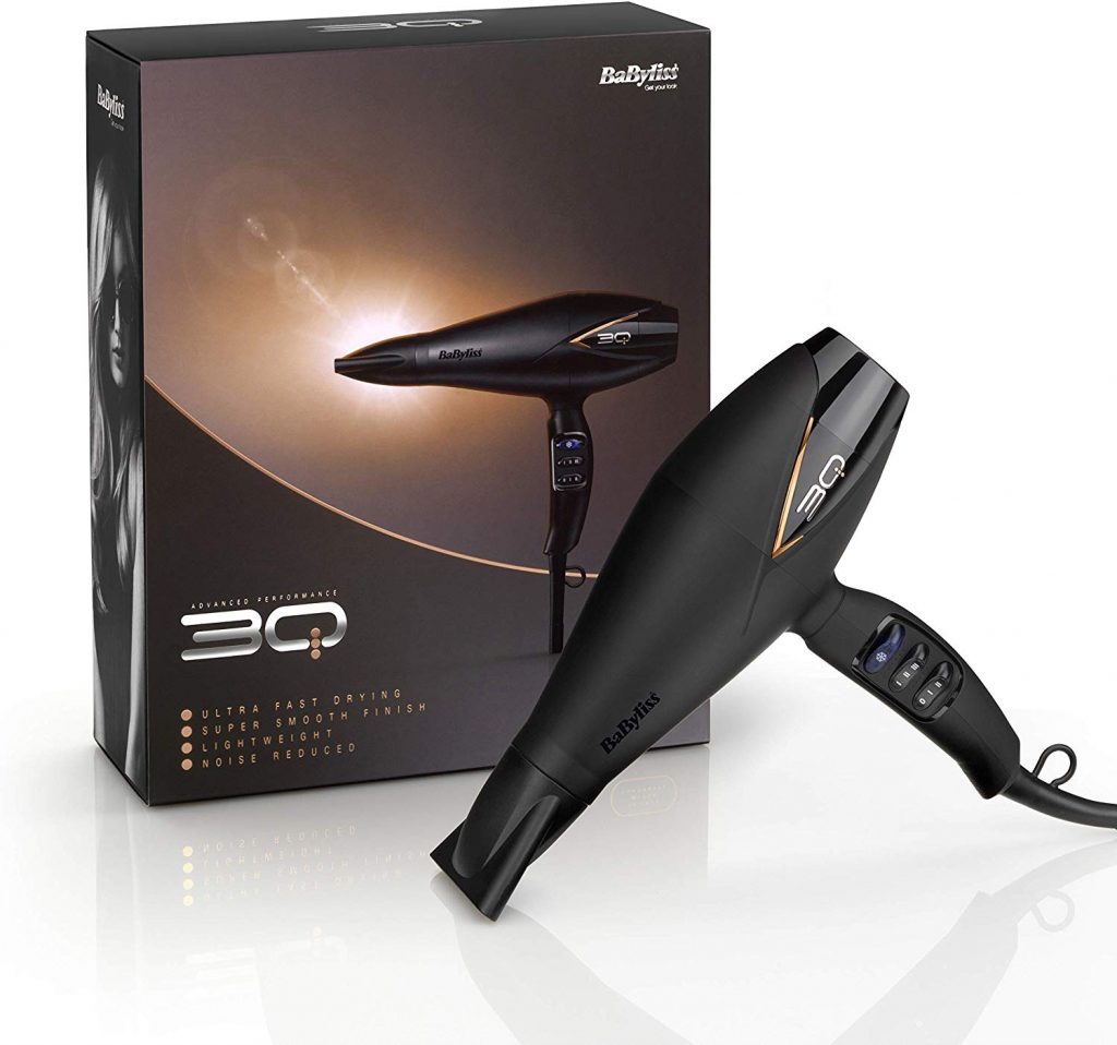 Image of the black Babyliss 3q Hair Dryer and its box