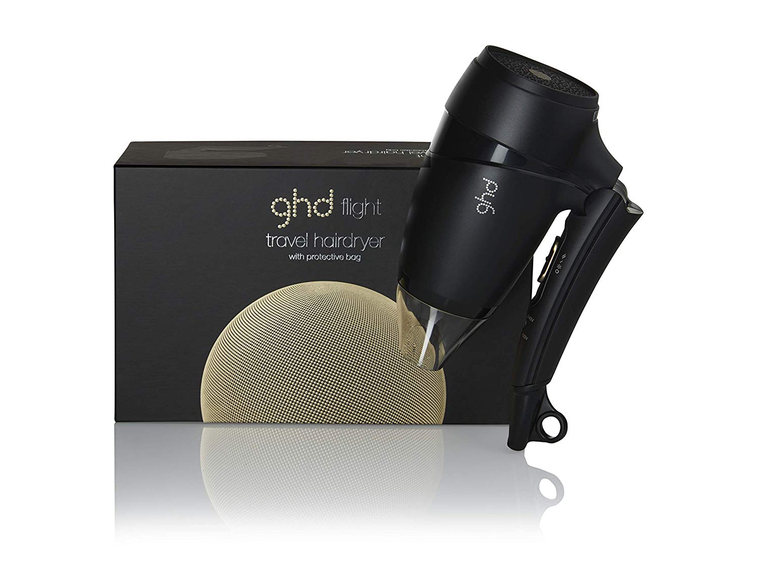 Image of the black folded GHD flight travel hairdryer