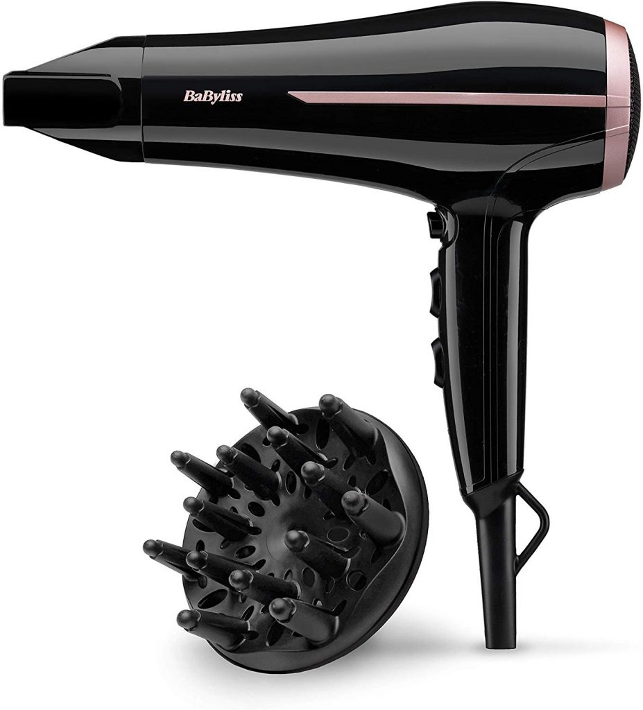 Image of the black and pink babyliss curl dry hairdryer with diffuser