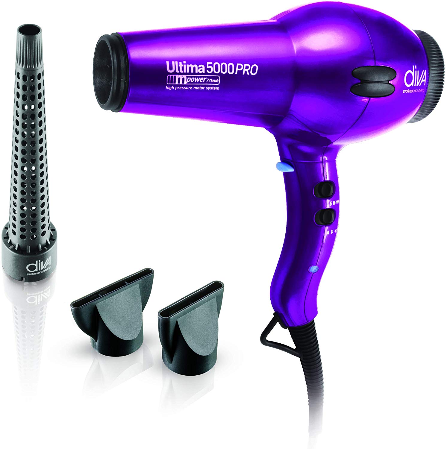 Image of the Diva Ultimo 5000 Pro hairdryer and its attachments