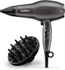 Image of the black Babyliss Platinum Diamond hair dyer and its diffuser