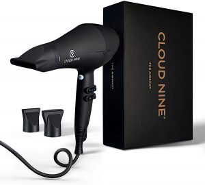 Image of the black airshot hair dryer, its 2 included nozzles and box