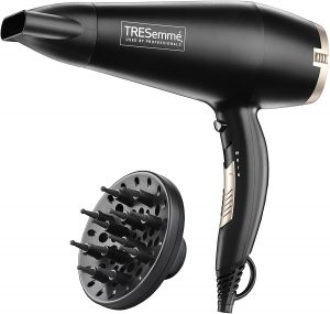 Image of the black Tresemme 5543U hair dryer and its diffuser