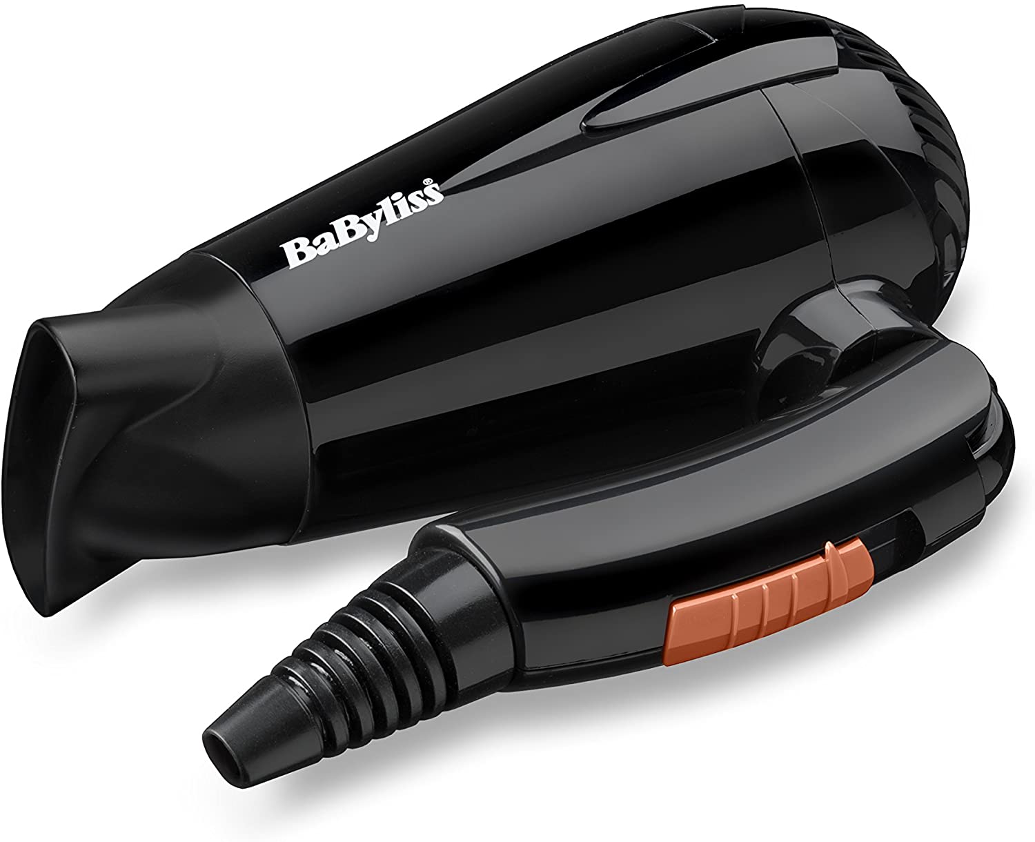 Image of the black Babyliss 2000w travel hair dryer folded to show its compact size