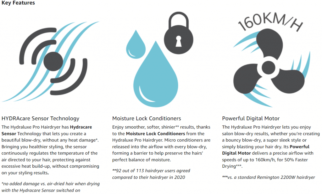 Image detailing all the features found in the Remington Hydraluxe Pro hair dryer